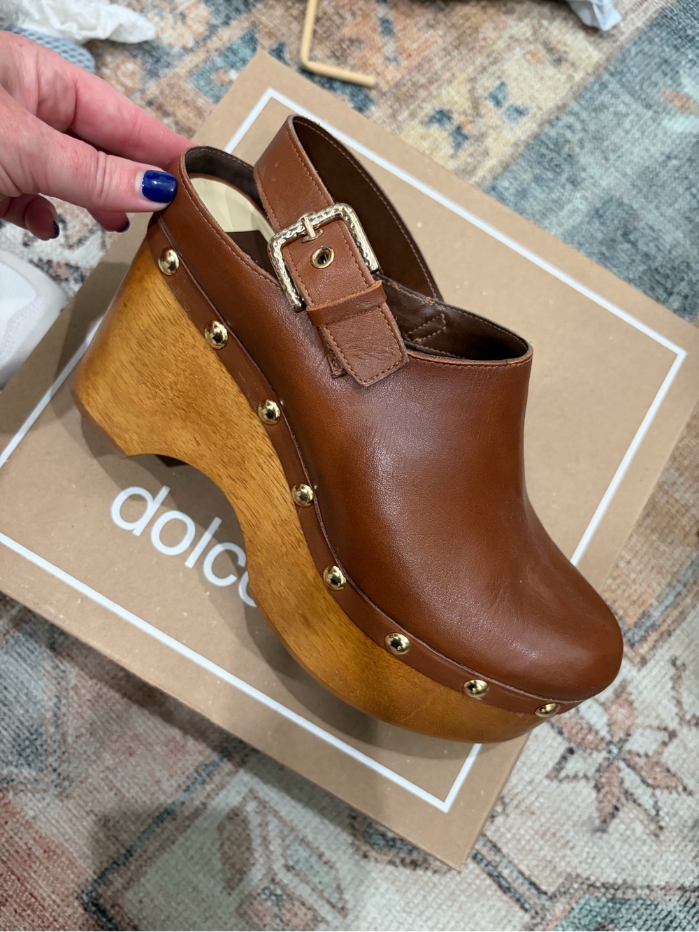 Dolce Vita Adelan Brown Leather Wood Bottom Studded Clog Platform Heels NWB - Picture 6 of 9